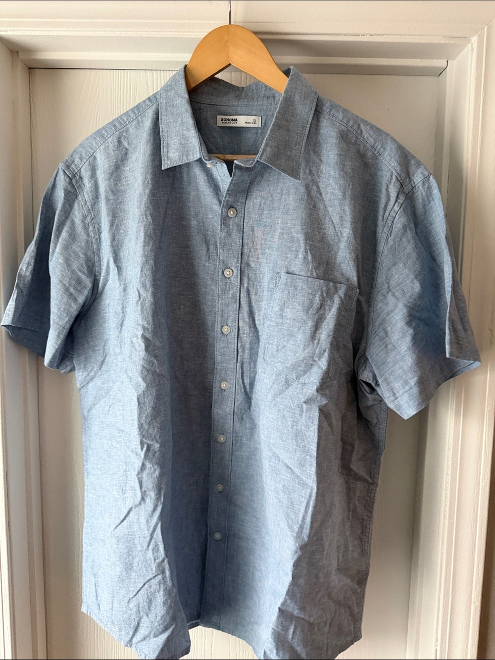Men’s Light Blue Short-Sleeve Linen Blend Button-Down Shirt